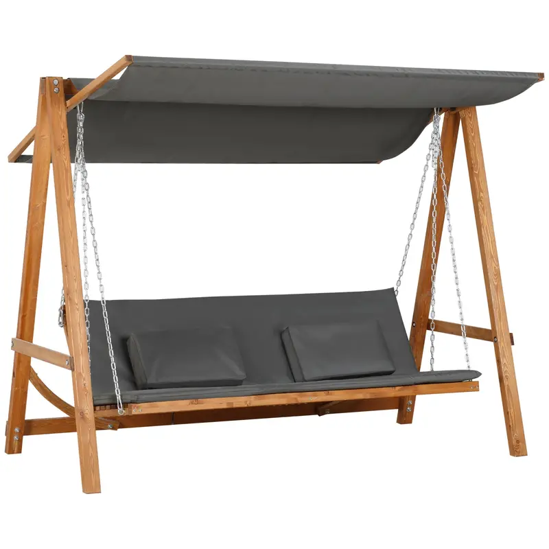 3 Seater Convertible Patio Swing Chair With Cushioned Seat, Canopy & Wood Frame, Grey 1
