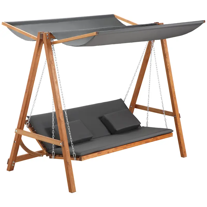 3 Seater Convertible Patio Swing Chair With Cushioned Seat, Canopy & Wood Frame, Grey 2