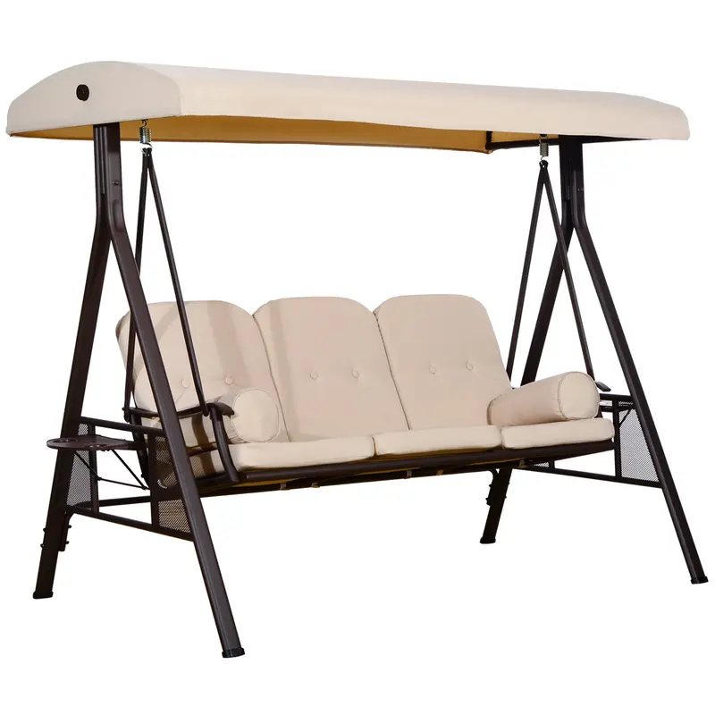 3 Seater Porch Swing Chair, Outdoor Lounge Hammock Cushioned Seat W/ Tilt Canopy, Beige 1