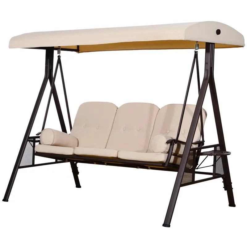 3 Seater Porch Swing Chair, Outdoor Lounge Hammock Cushioned Seat W/ Tilt Canopy, Beige 2