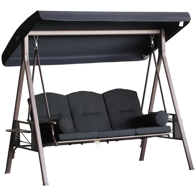 3 Seater Porch Swing Chair, Outdoor Lounge Hammock Cushioned Seat W/ Tilt Canopy, Black 1