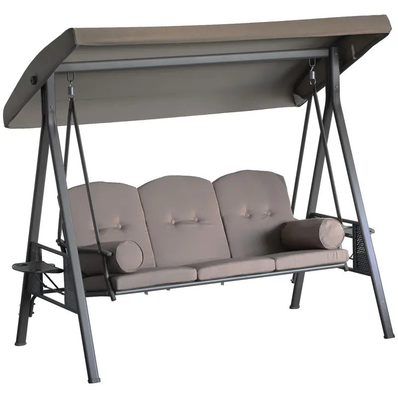 3 Seater Porch Swing Chair, Outdoor Lounge Hammock Cushioned Seat W/ Tilt Canopy, Brown 1