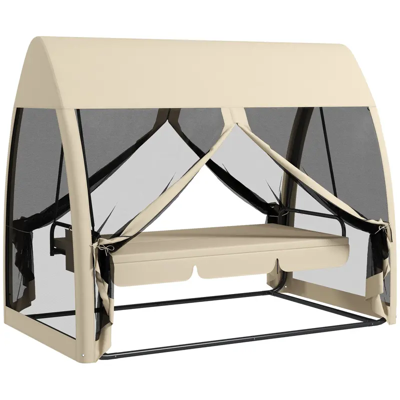3-Seater Swing Hammock Chair W/ Canopy Netting Walls, Outdoor Lounger Bed, Beige 1