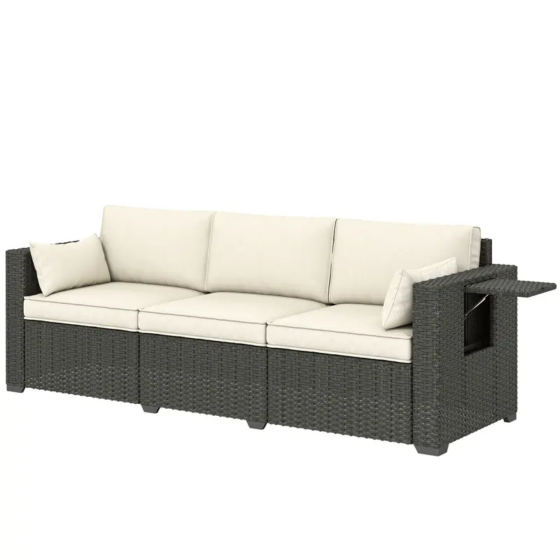 3 Seater Wicker Outdoor Sofa With Side Tray Tables And Thick Cushions, Cream White 1
