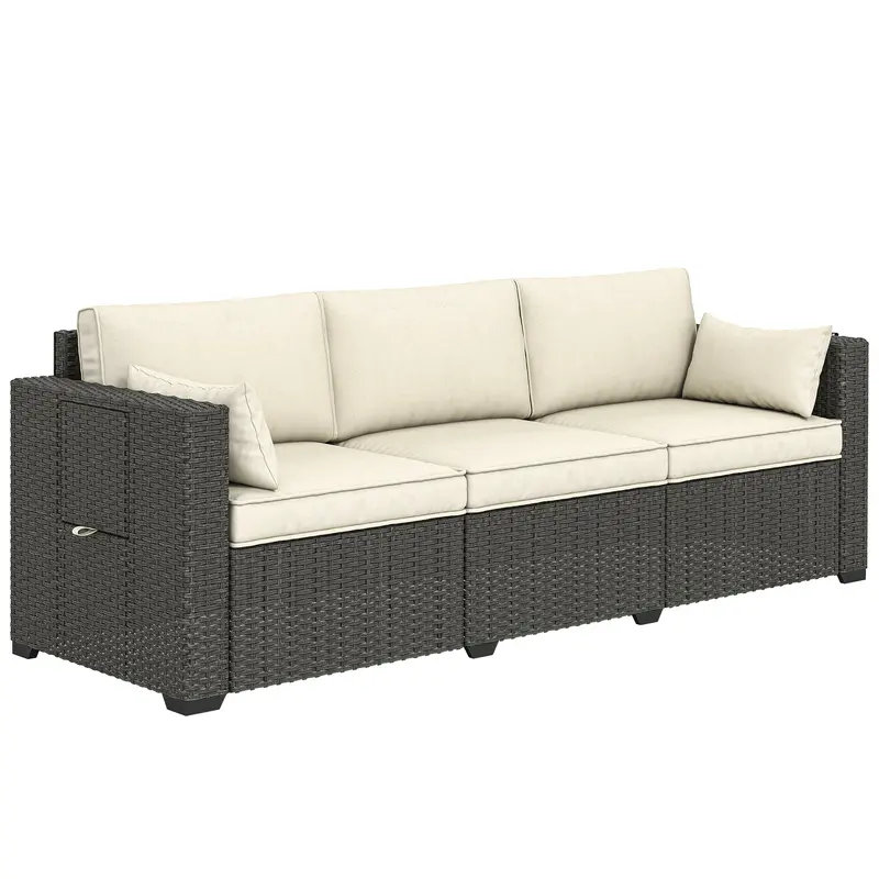3 Seater Wicker Outdoor Sofa With Side Tray Tables And Thick Cushions, Cream White 2