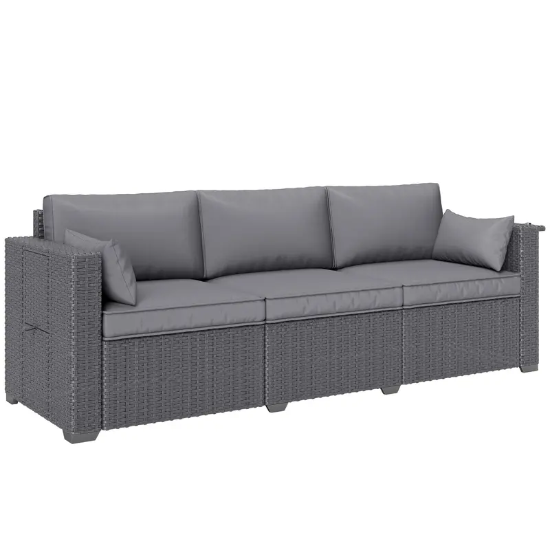 3 Seater Wicker Patio Sofa With Side Trays, Outdoor Couch With 6" Thick Back Cushions, Grey 1