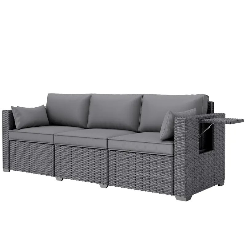 3 Seater Wicker Patio Sofa With Side Trays, Outdoor Couch With 6" Thick Back Cushions, Grey 2