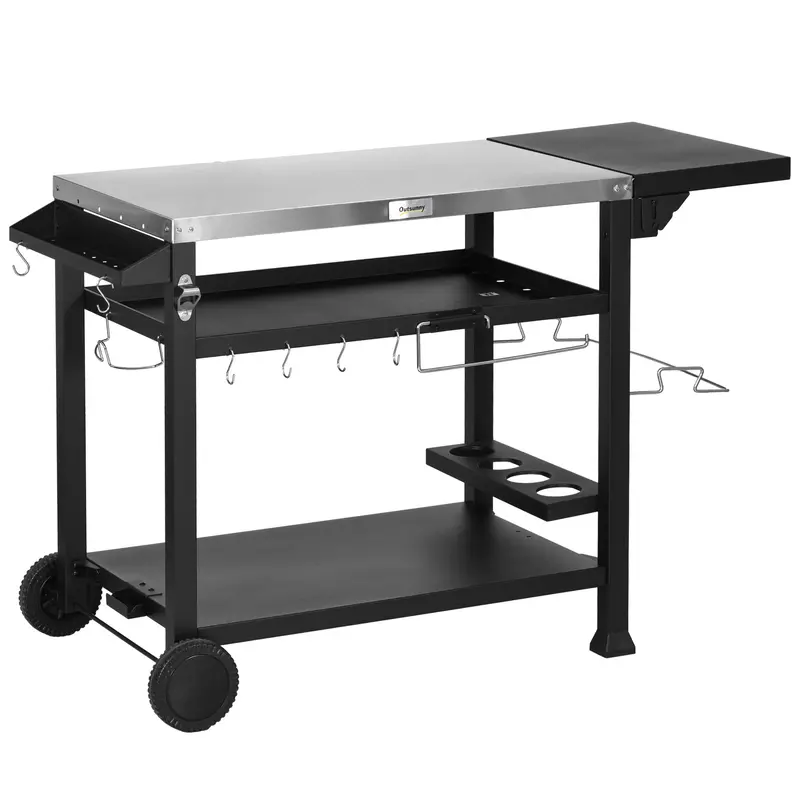 3-Shelf Grill Cart With Stainless Top & Wheels, 46.1" X 21.7", Black 1