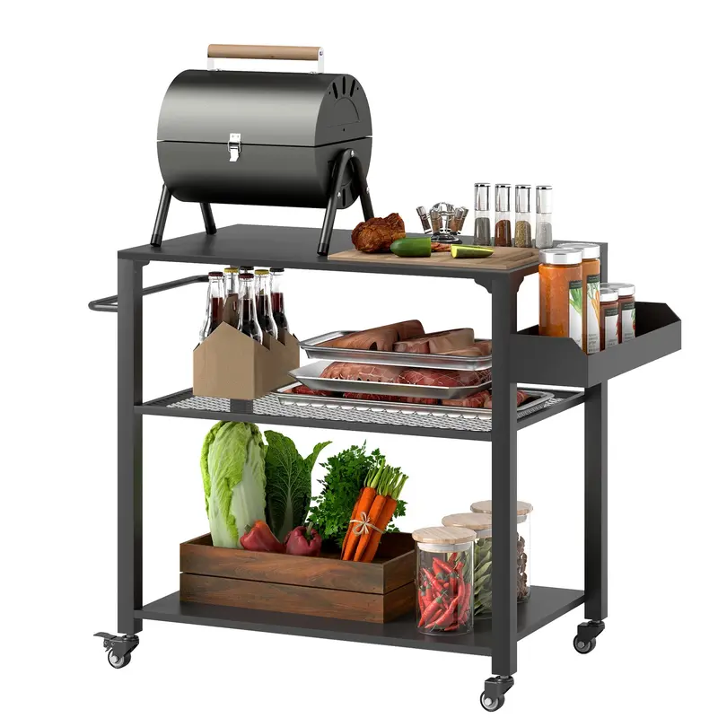 3-Shelf Movable Bbq Prep Table With Hooks & 4 Wheels 1