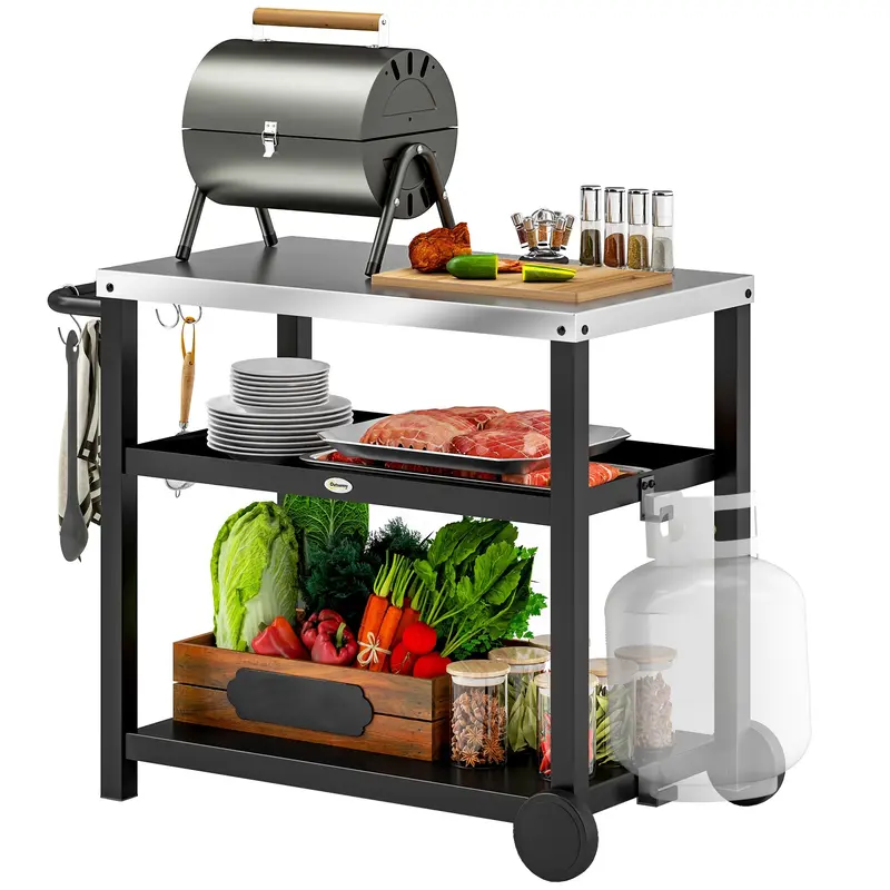 3-Shelf Stainless Steel Grill Cart With Wheels, Charcoal Grey 1