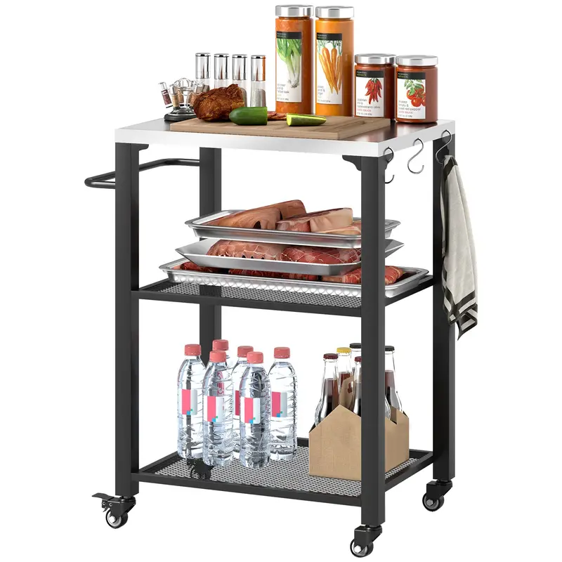 3-Shelf Stainless Steel Pizza Oven Stand With Hooks & 4 Wheels 1