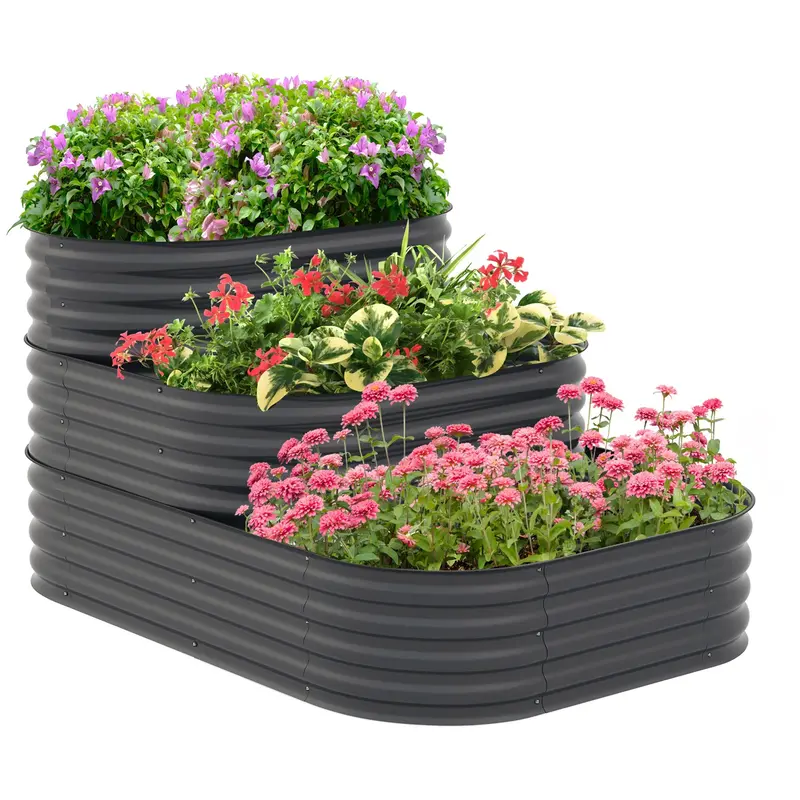 3-Tier Galvanized Raised Garden Bed With Safety Edging, 5.2' X 3.6' X 2.7', Dark Grey 1