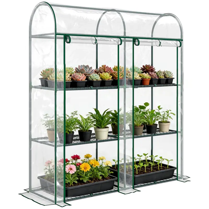 3 Tier Mini Greenhouse With 2 Roll-Up Doors, 56.3" X 18.1" X 64.6" 1