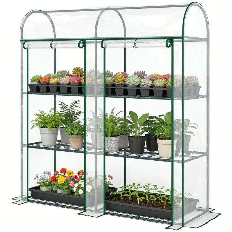 3 Tier Mini Greenhouse With 2 Roll-Up Doors, 56.3" X 18.1" X 64.6" 2