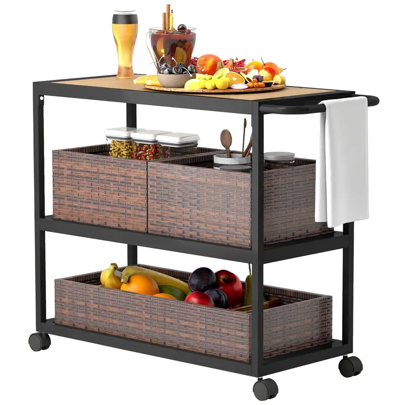 3-Tier Outdoor Bar Cart With Wood Top & Removable Rattan Basket, Mixed-Brown 1