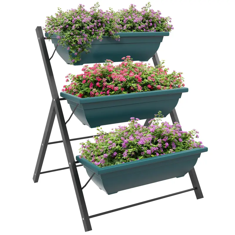 3-Tier Vertical Garden Bed With 3 Planters And Drainage Holes, Green 1