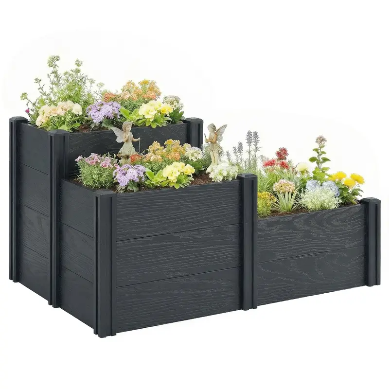 3-Tier Vinyl Raised Garden Bed With Open Bottom, Grey Wood Effect 1