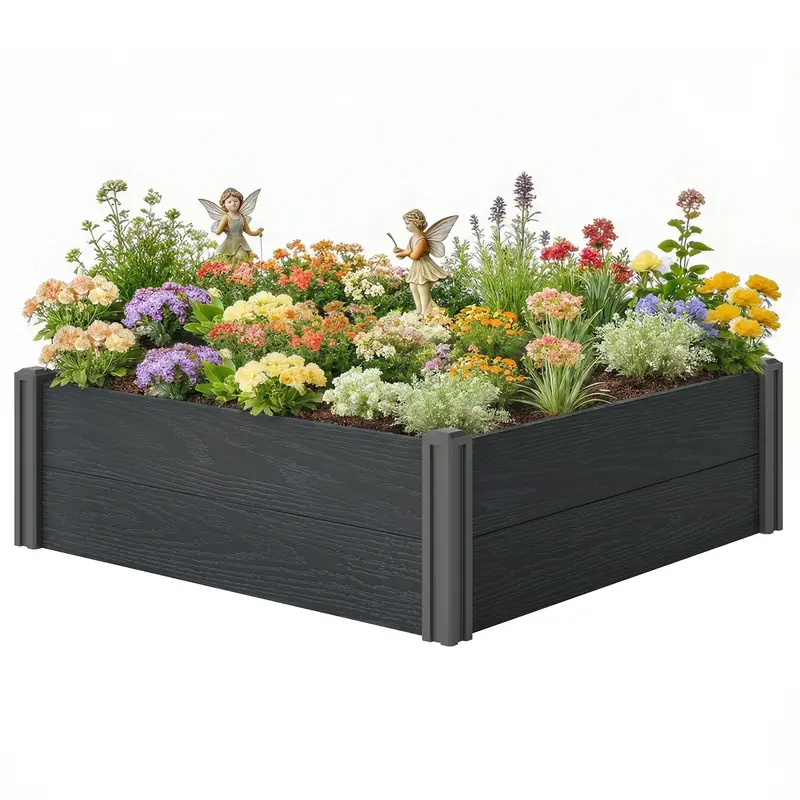 3 X 3 X 1Ft Vinyl Raised Garden Bed With Open Bottom, Grey Wood Effect 1