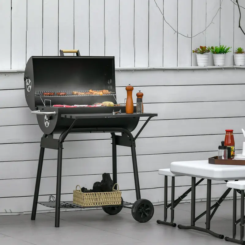 30" Barrel Charcoal Grill With 370 Sq.In Cooking Space, Storage Shelf And Wheels, Black 1