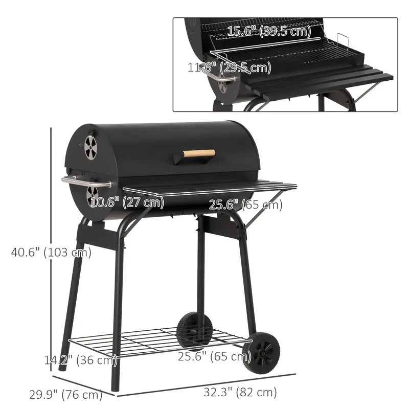 30" Barrel Charcoal Grill With 370 Sq.In Cooking Space, Storage Shelf And Wheels, Black 2