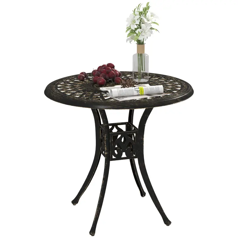 30-Inch Round Patio Dining Table With Umbrella Hole Cast Aluminium Outdoor Bistro Table Only, Brown 1