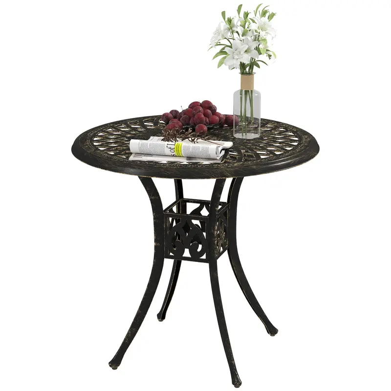30-Inch Round Patio Dining Table With Umbrella Hole Cast Aluminium Outdoor Bistro Table Only, Brown 2