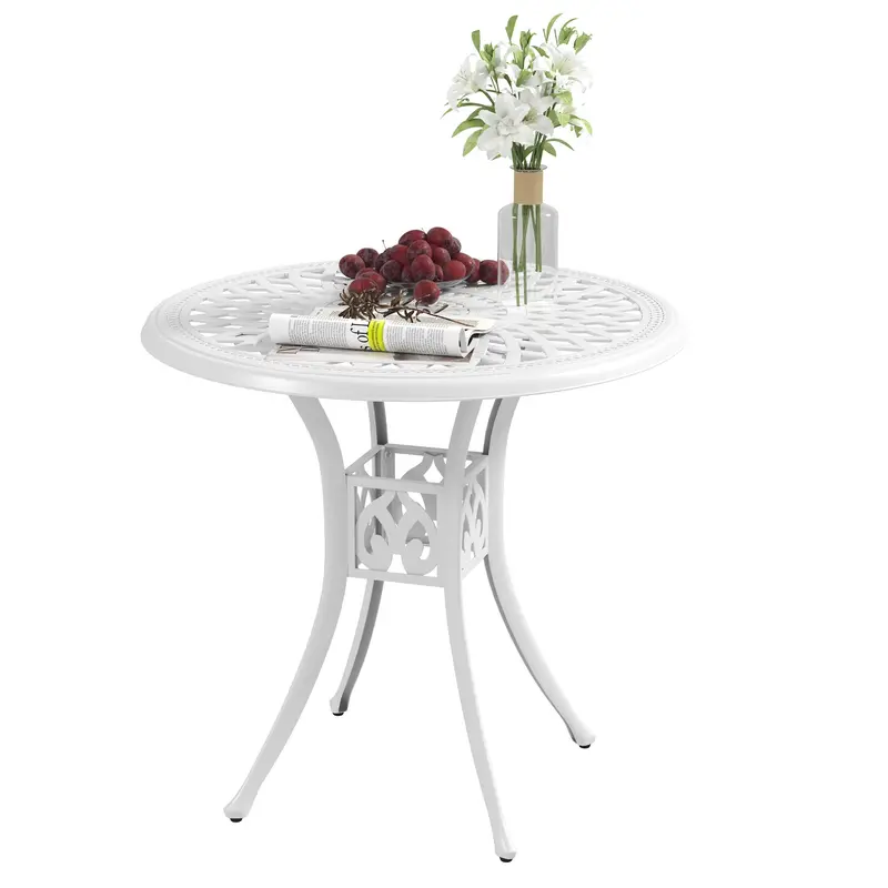 30-Inch Round Patio Dining Table With Umbrella Hole Cast Aluminium Outdoor Bistro Table Only, White 1