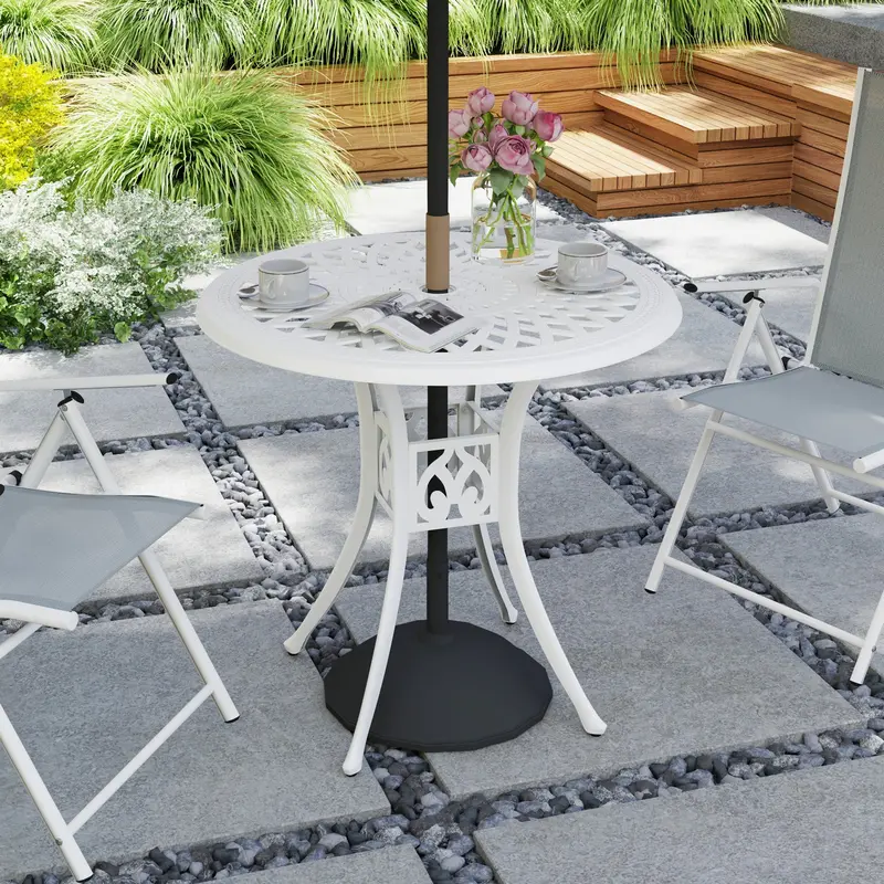 30-Inch Round Patio Dining Table With Umbrella Hole Cast Aluminium Outdoor Bistro Table Only, White 2