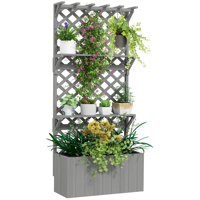 30" X 13" X 70" Wooden Raised Garden Bed With Trellis, Hanging Roof And Plant Shelf, Grey 1