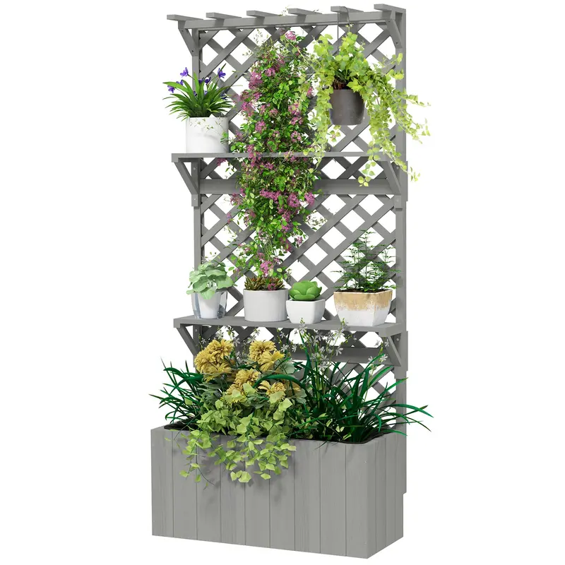 30" X 13" X 70" Wooden Raised Garden Bed With Trellis, Hanging Roof And Plant Shelf, Grey 2