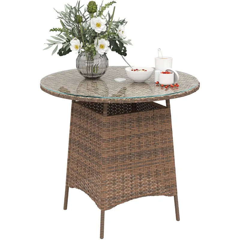 31.5" Outdoor Round Patio Table With Umbrella Hole, Coffee Table W/ Tempered Glass Top, Brown 1
