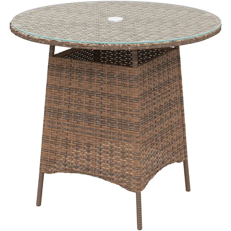31.5" Outdoor Round Patio Table With Umbrella Hole, Coffee Table W/ Tempered Glass Top, Brown 2
