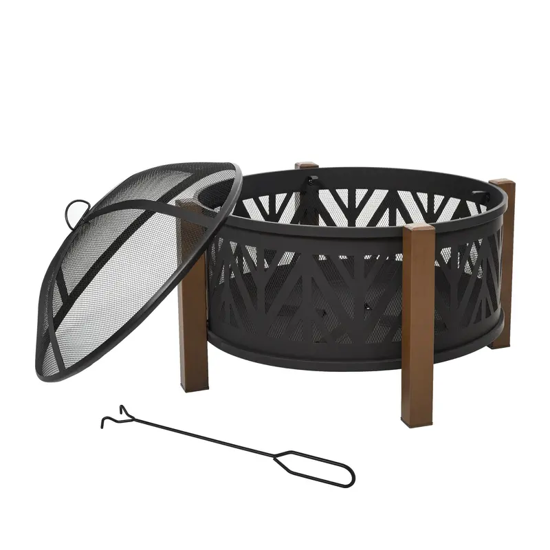 31" Outdoor Fire Pit, 2-In-1 Round Firepit Brazier With Lid, Bbq Grill & Poker, Black 1