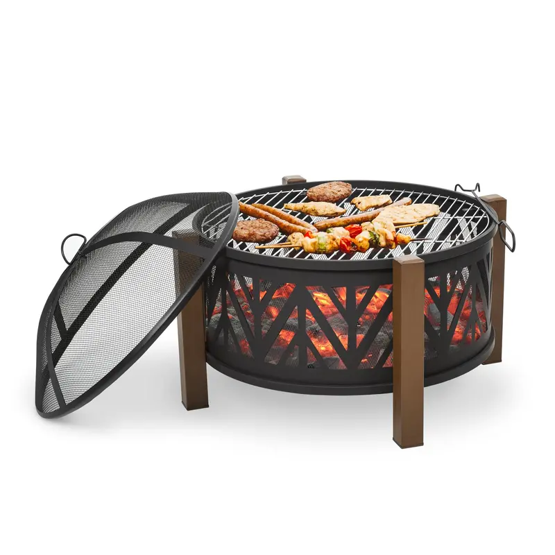 31" Outdoor Fire Pit, 2-In-1 Round Firepit Brazier With Lid, Bbq Grill & Poker, Black 2