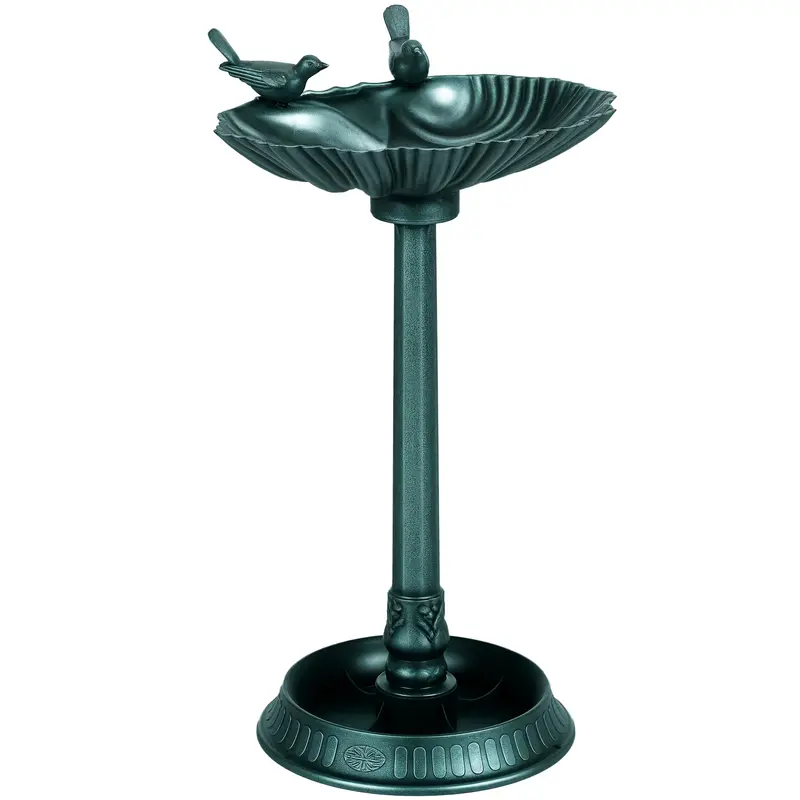 32" Bird Bath With 2 Decorative Birds And Planter Base, Bronze Green 1