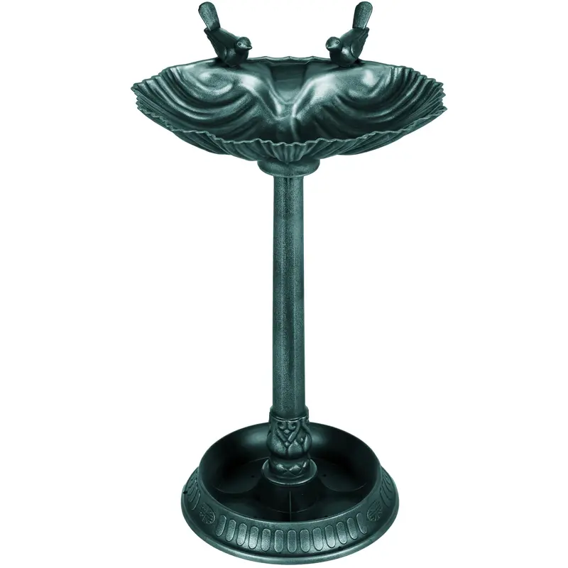 32" Bird Bath With 2 Decorative Birds And Planter Base, Bronze Green 2