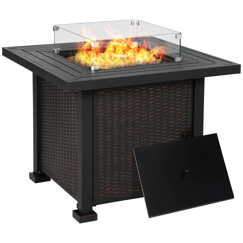 32" Propane Gas Firepit Table With 50,000 Btu Burner, Glass Wind Guard & Lava Rocks, Black 1