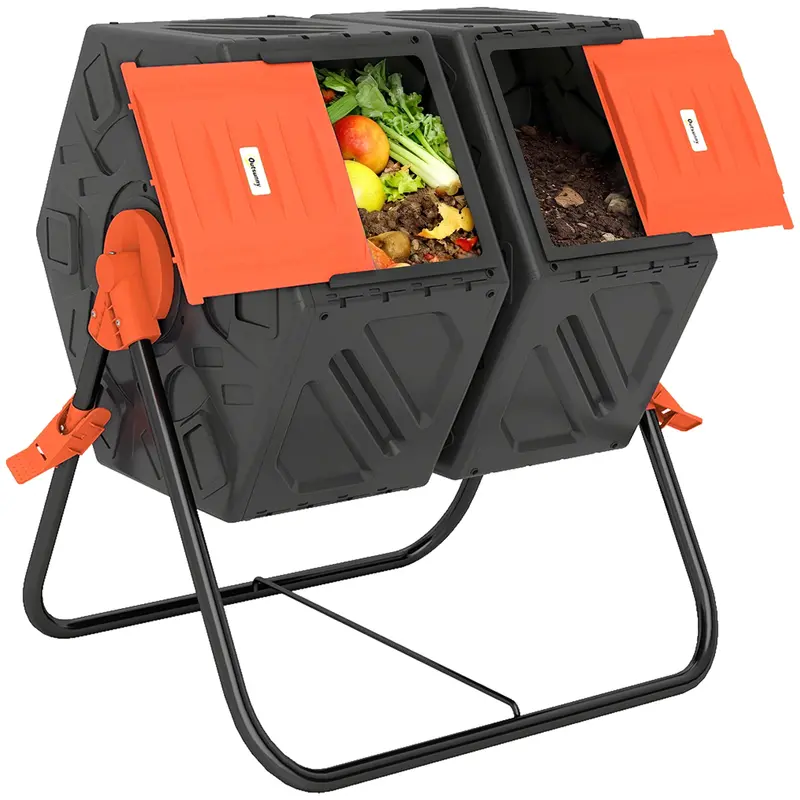 34.5 Gallon Dual Chamber Compost Tumbler With Steel Legs, Orange 1