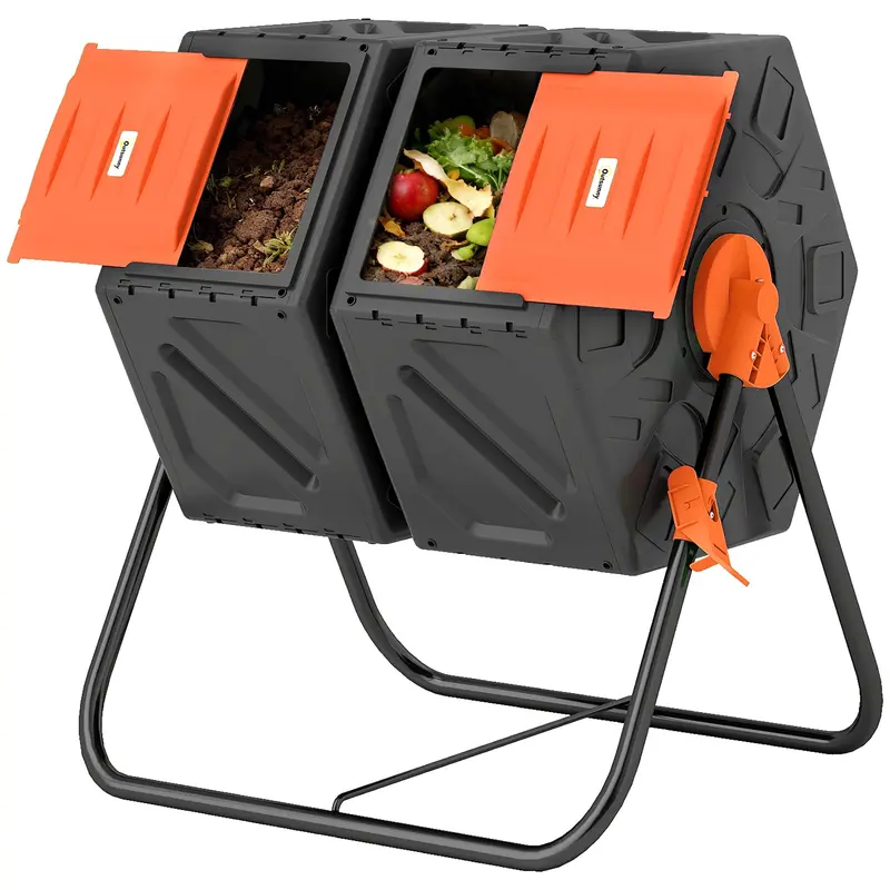 34.5 Gallon Dual Chamber Compost Tumbler With Steel Legs, Orange 2