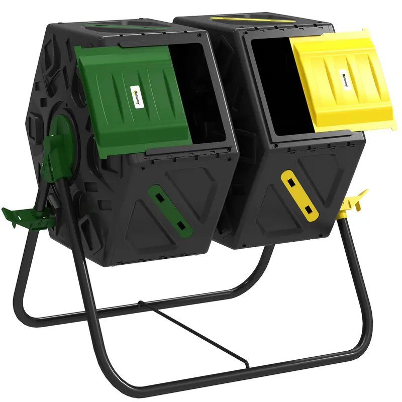 34.5 Gallon Dual Chamber Compost Tumbler With Steel Legs, Yellow/Green 1
