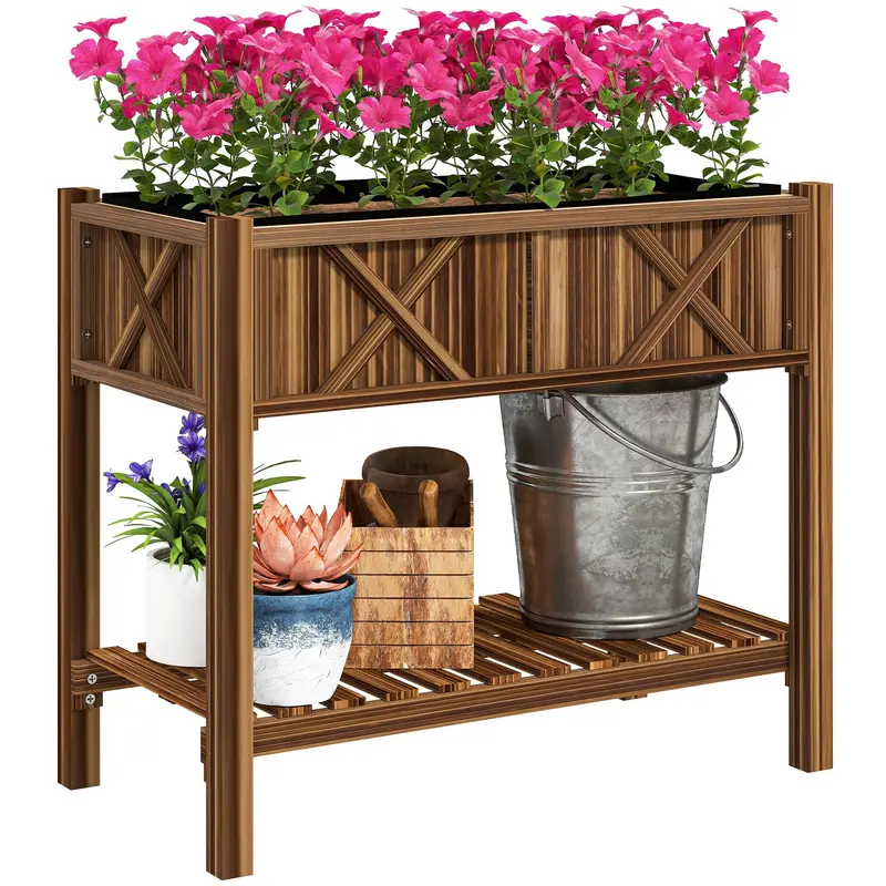 34" X 18" X 30" Wooden Raised Garden Bed With Shelf, Carbonized 1