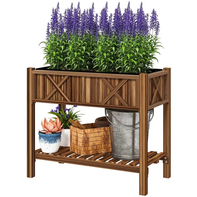 34" X 18" X 30" Wooden Raised Garden Bed With Shelf, Carbonized 2