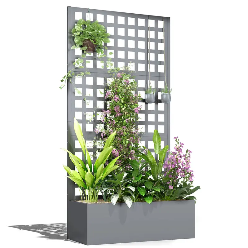 35" X 16" X 70" Raised Garden Bed With Trellis And Privacy Screen, Grey Wood Effect 1