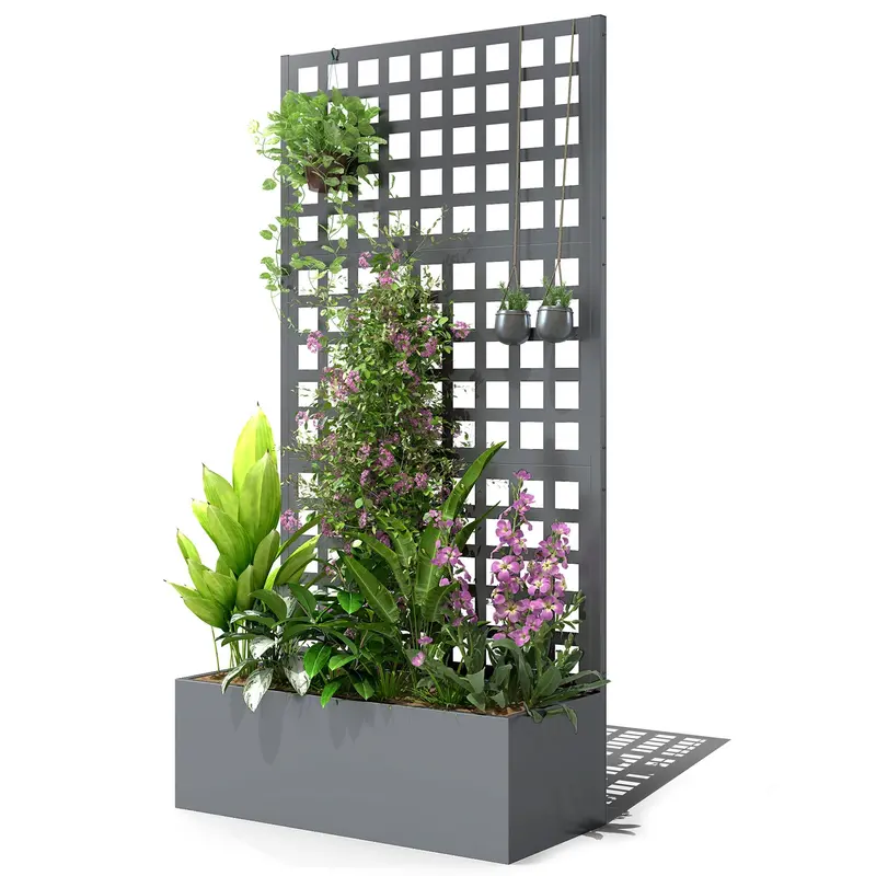 35" X 16" X 70" Raised Garden Bed With Trellis And Privacy Screen, Grey Wood Effect 2