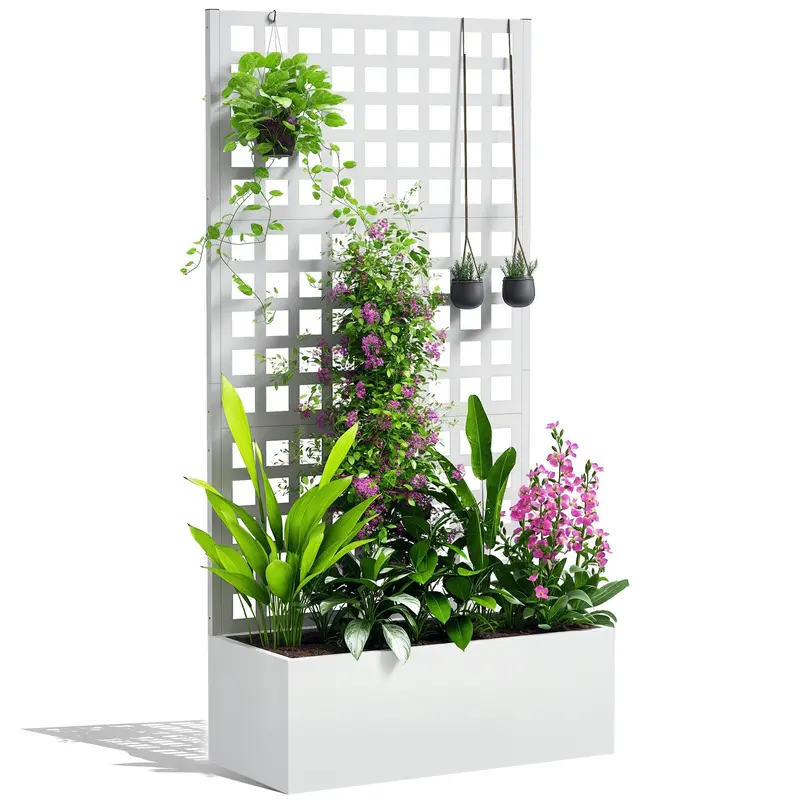 35" X 16" X 70" Raised Garden Bed With Trellis And Privacy Screen, White 1