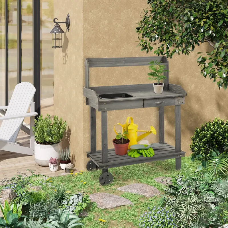 36" Wooden Potting Bench With Sink & Removable Wheels, Gray 1