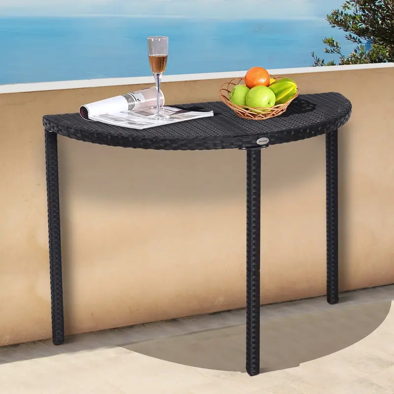 39.4" Half Round Pe Rattan Side Table With Metal Frame, Black 1
