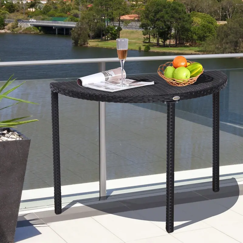 39.4" Half Round Pe Rattan Side Table With Metal Frame, Black 2