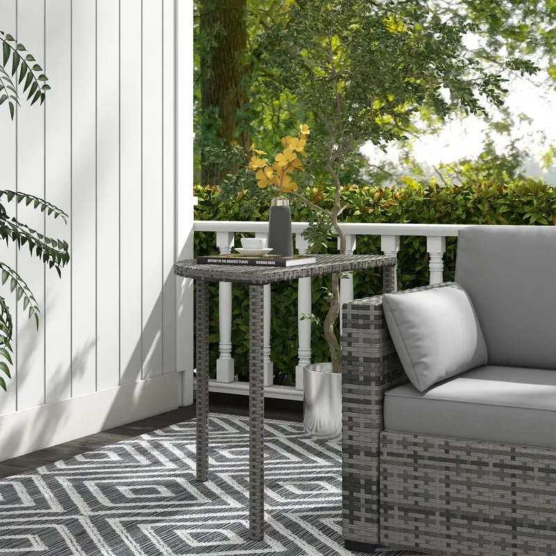 39.4" Half Round Pe Rattan Side Table With Metal Frame, Grey 2