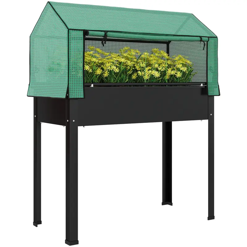 39.4" X 18.9" X 49.6" Raised Garden Bed With Flip-Up Pe Greenhouse Cover & Drainage Hole, Black 1